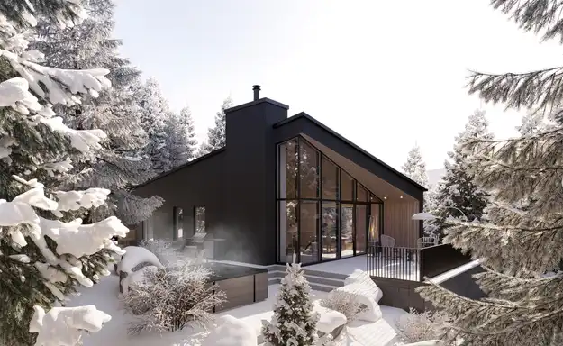 Exterior view of a Mont Tremblant cottage for sale during winter