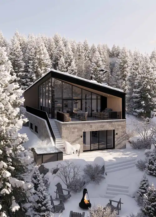 Superb view of a two-storey house for sale in Mont Tremblant, surrounded by fir trees and snow